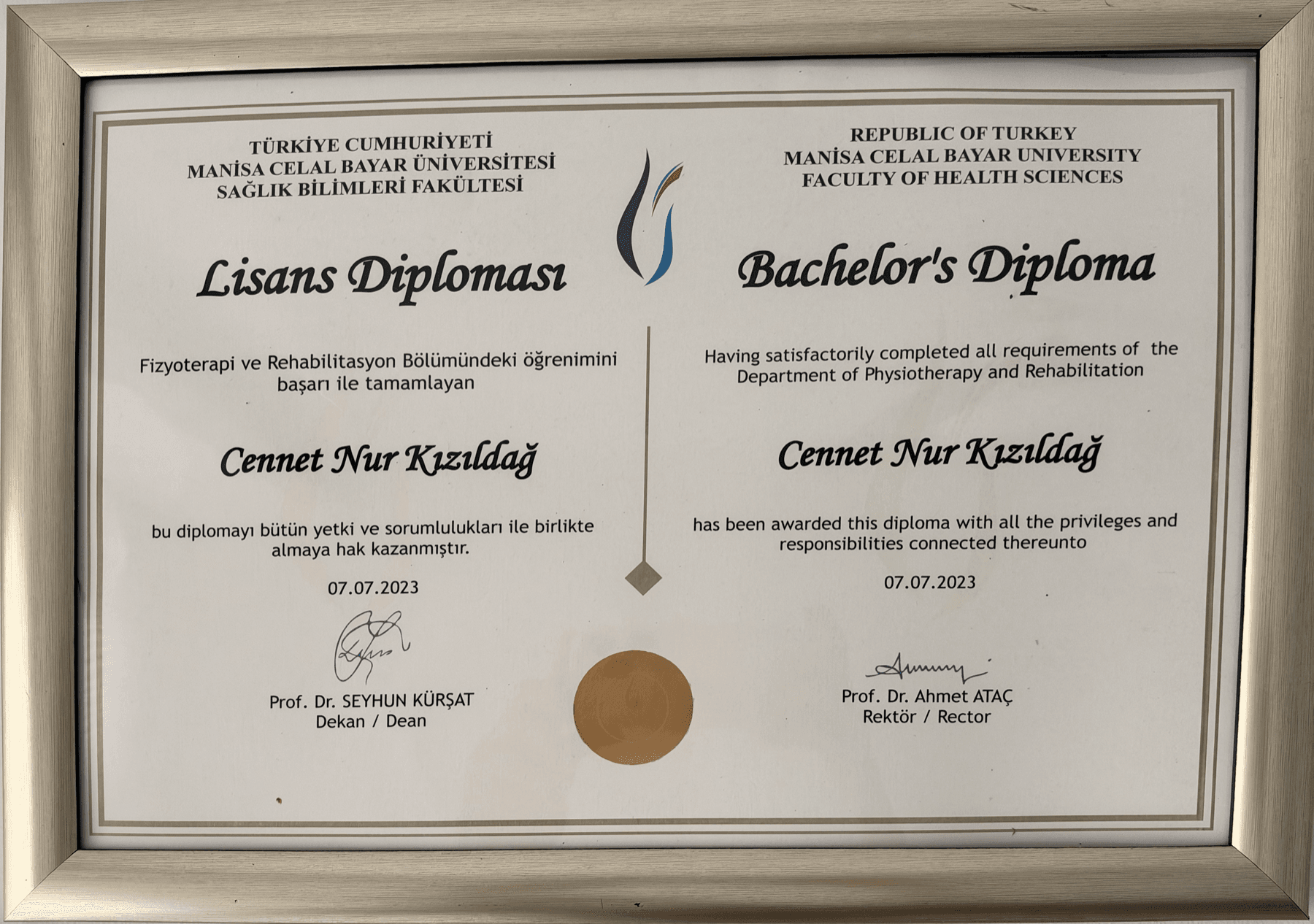 Fizyoterapi ve Rehabilitasyon Lisans Diploması — Manisa Celal Bayar Üniversitesi, Sağlık Bilimleri Fakültesi sertifikası